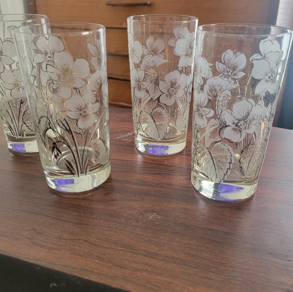 Vtg Libbey "L"  RARE Viola Violet with Silver Embellished Highball Glasses Set 4